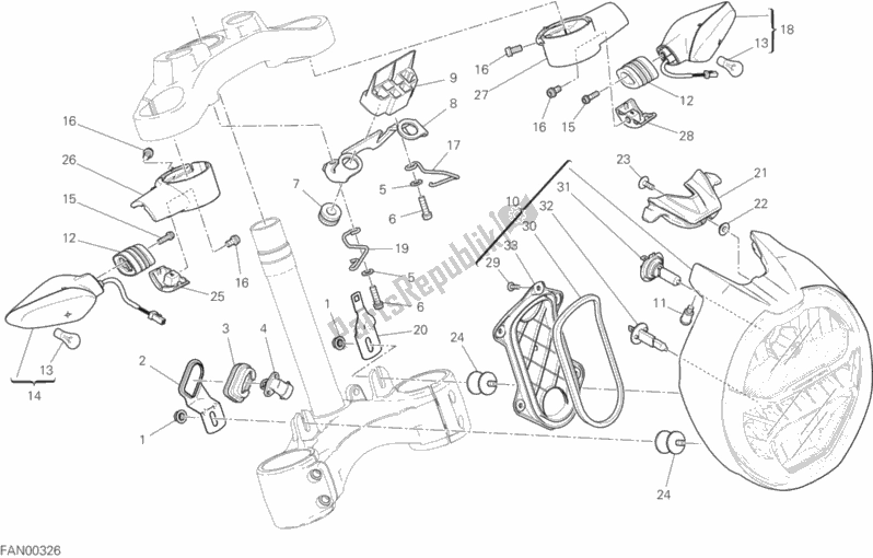 All parts for the Headlight of the Ducati Monster 821 USA 2020